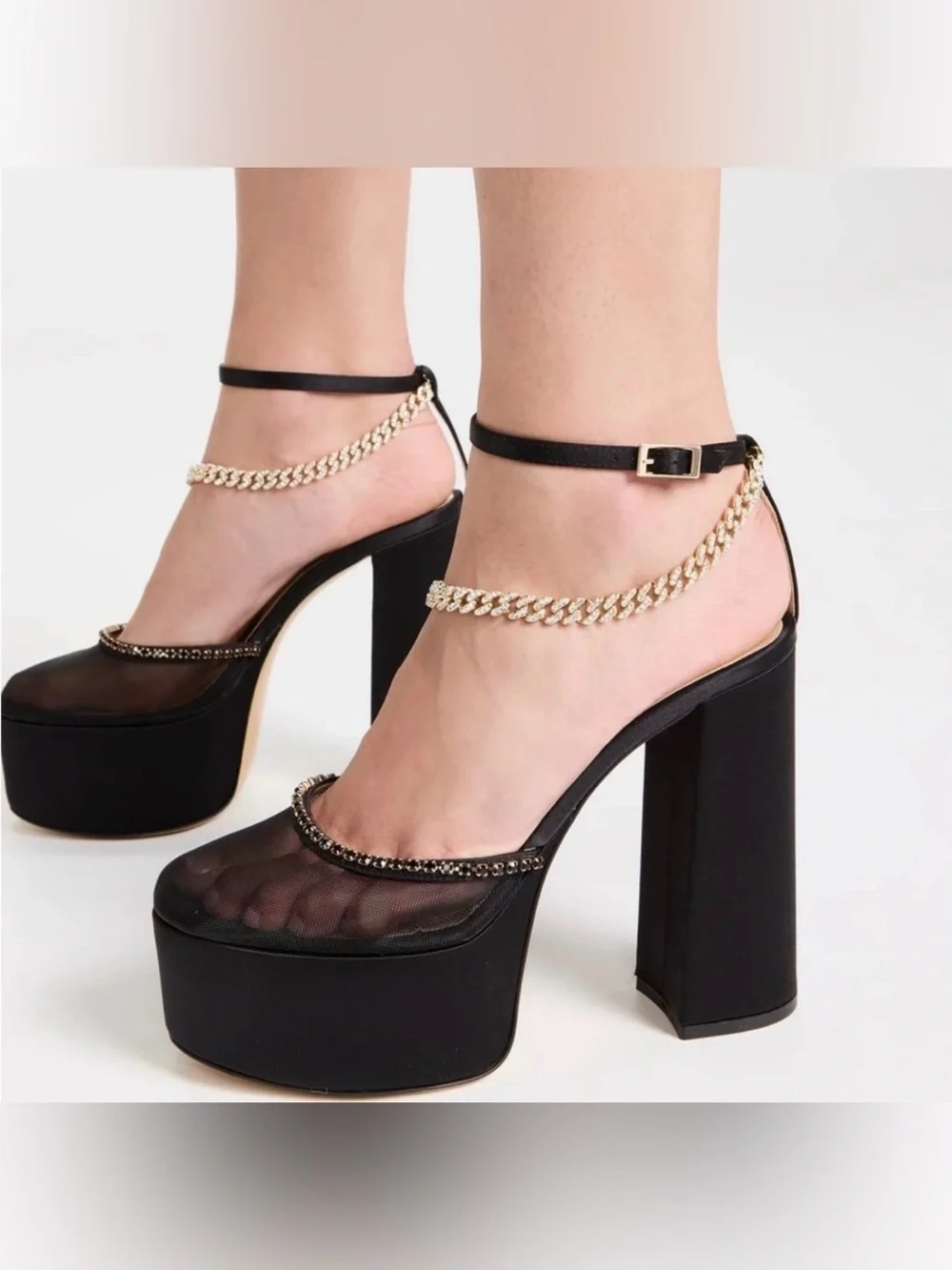 Nalebe Amina Means Black Silk Mesh Crystal Platform Heels NWT 39.5